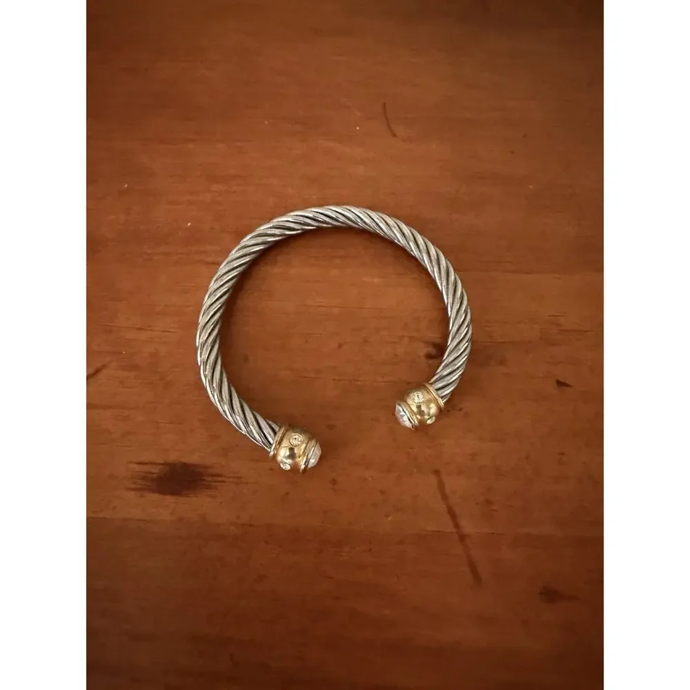 Retro Inspired Stylish Silver Rope Cuff Bracelet Gold Bar Ends Rhinestones